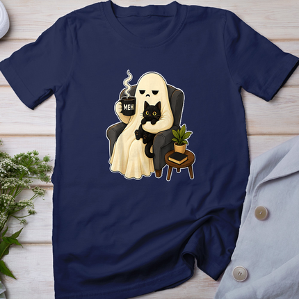 Meh Grumpy Ghost Holding Coffee Mug and Black Cat Halloween T-Shirt
