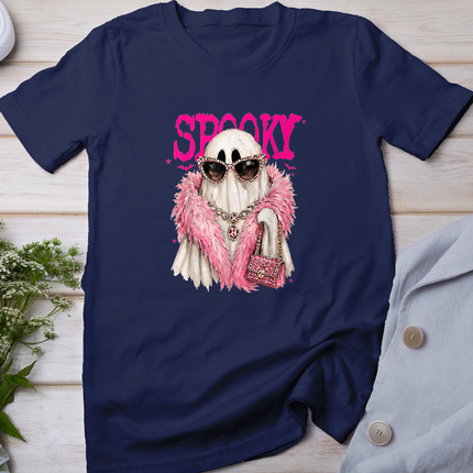 Spooky Ghost Fashion Pink Fur Glam Halloween Graphic Women T-Shirt