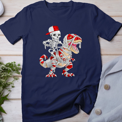Funny Skeleton Cap Riding Mummy Dinosaur Halloween T-Shirt