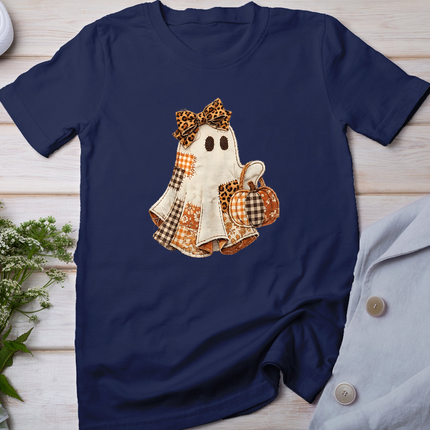 Fall Ghost with Pumpkin Printed Patchwork Ghost Quilters T-Shirt