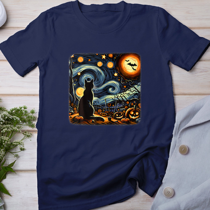 Halloween Van Gogh Starry Night Black Cat Pumpkins Bats T-Shirt