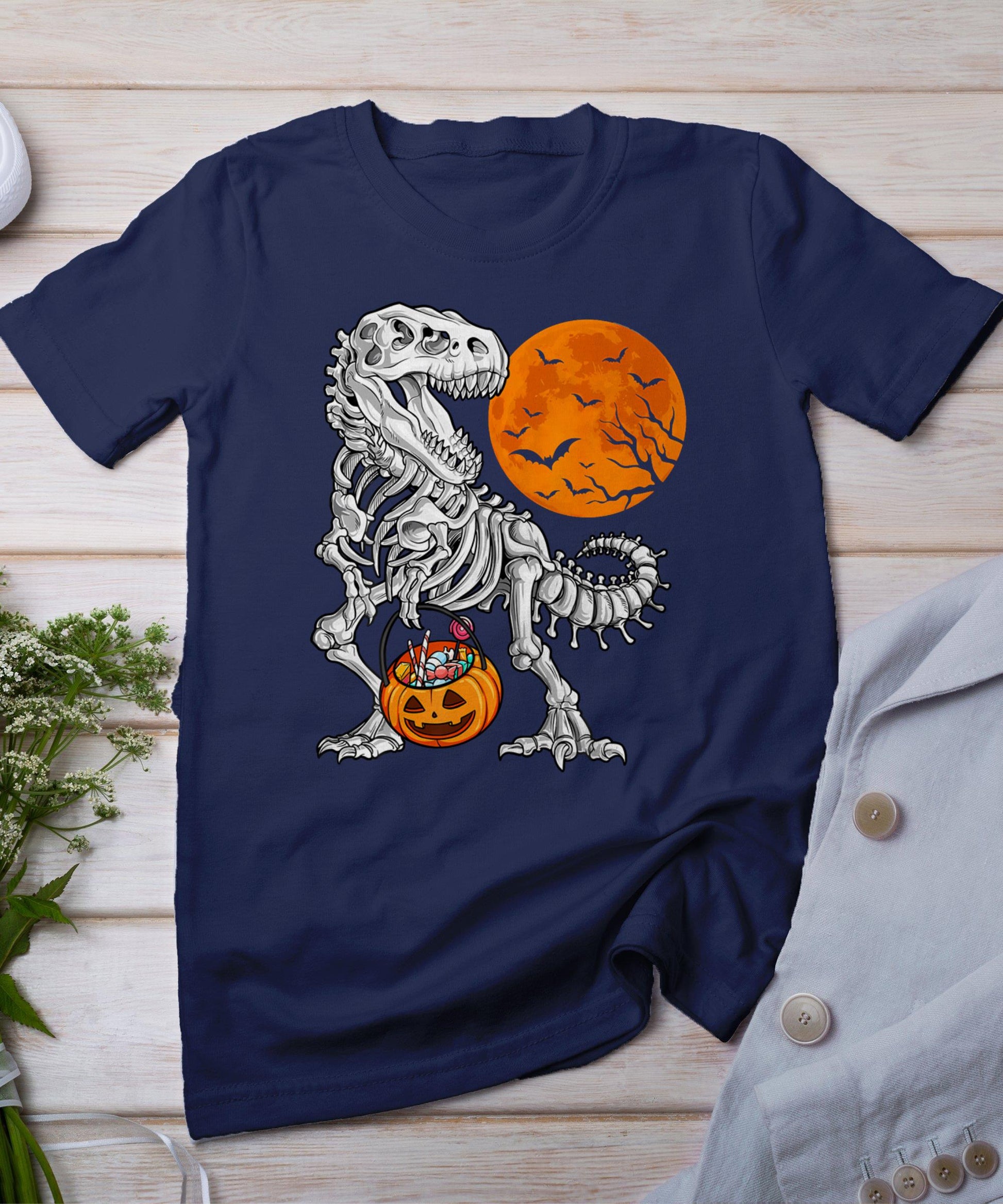 Halloween Dinosaur Skeleton T Rex Scary Pumpkin Moon T-Shirt