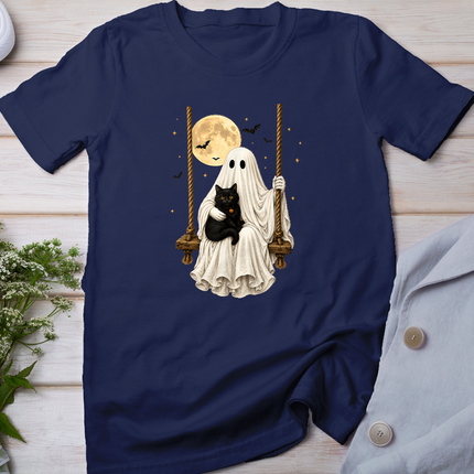 Ghost Holding Black Cat Retro Halloween Ghost Cozy Autumn T-Shirt