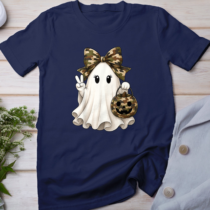 Cute Halloween Camo Bow Ghost Pumpkin Basket Women Girl Kid T-Shirt