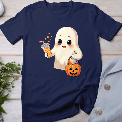 Cute Halloween Ghost With Candy Bucket And Boba Tea Kids T-Shirt