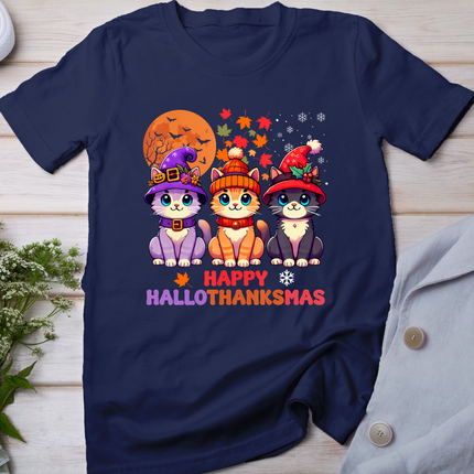 Halloween Thanksgiving Christmas Happy Hallothanksmas Cats T-Shirt