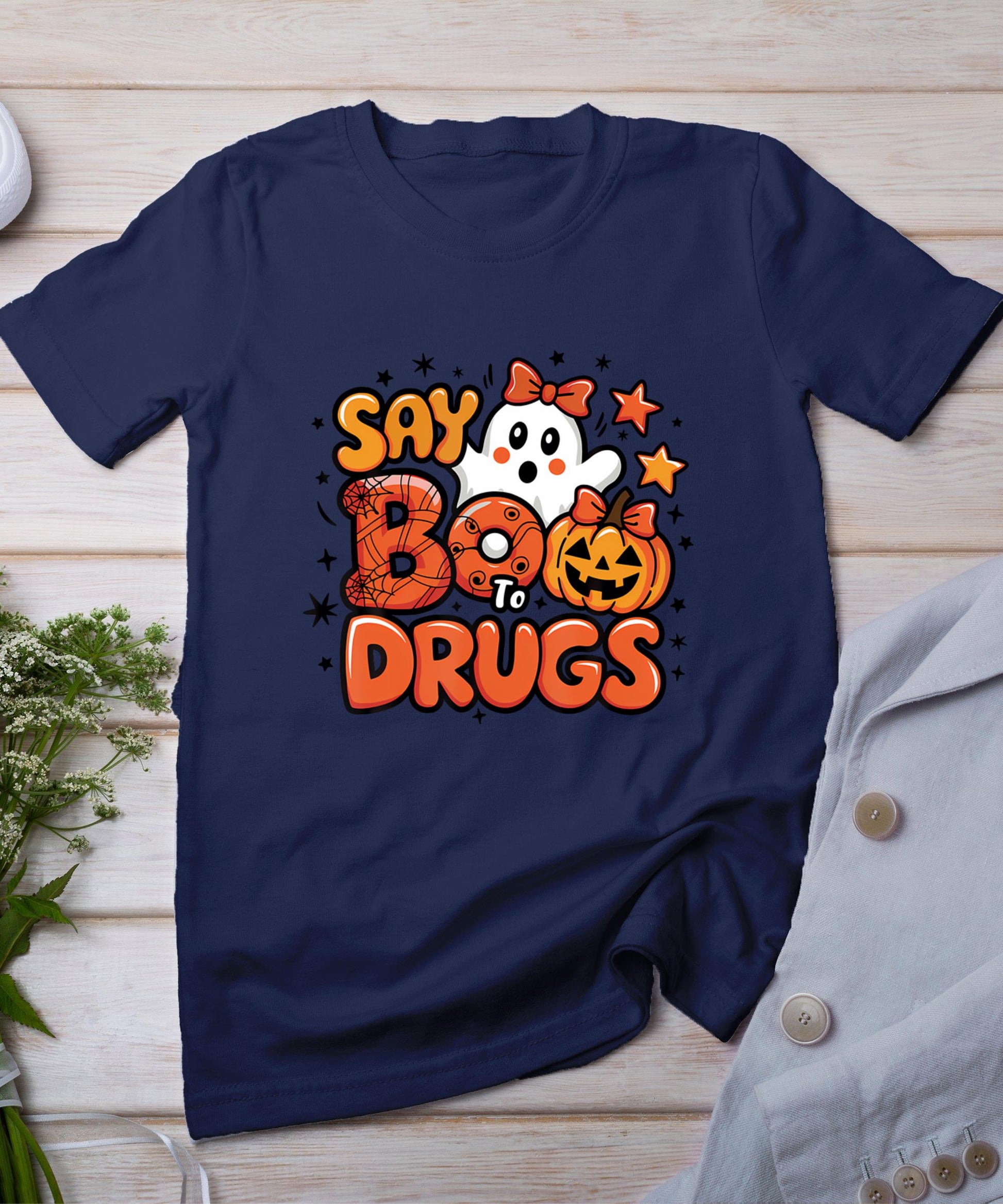 Say Boo Drug-Free Ghost Halloween Red Ribbon Week Awareness T-Shirt