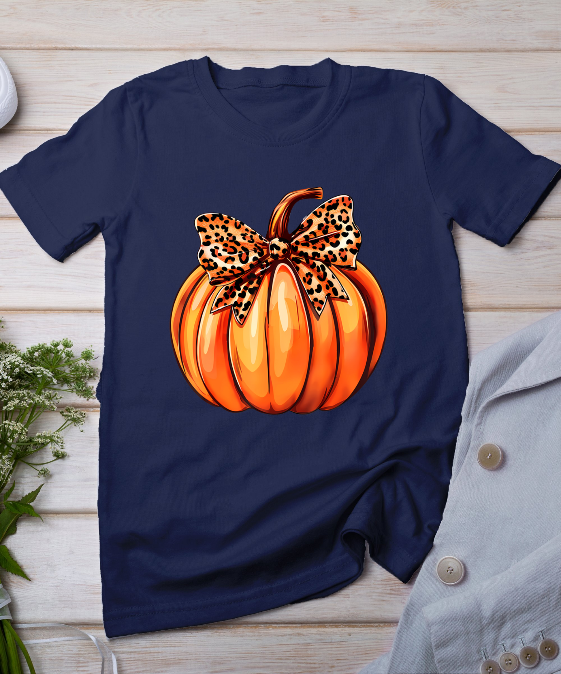 Coquette Bow Leopard Pumpkin Thanksgiving Rustic Fall Women T-Shirt