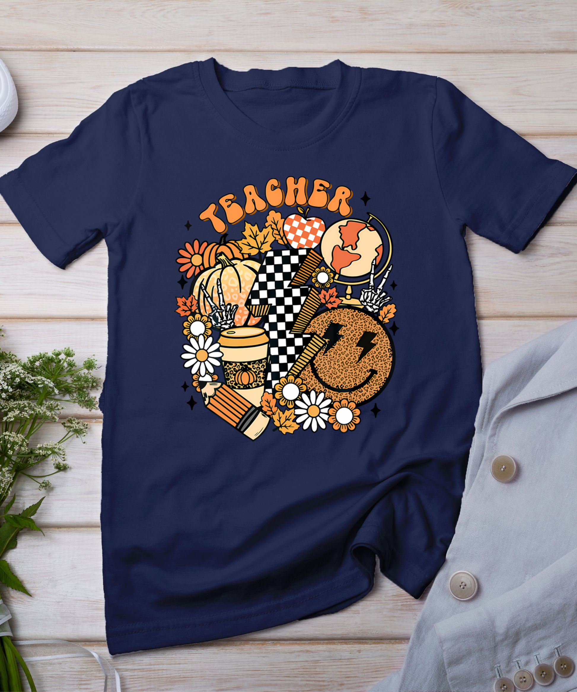 Fall Teacher Retro Teacher Life Autumn Thanksgiving Womens T-Shirt