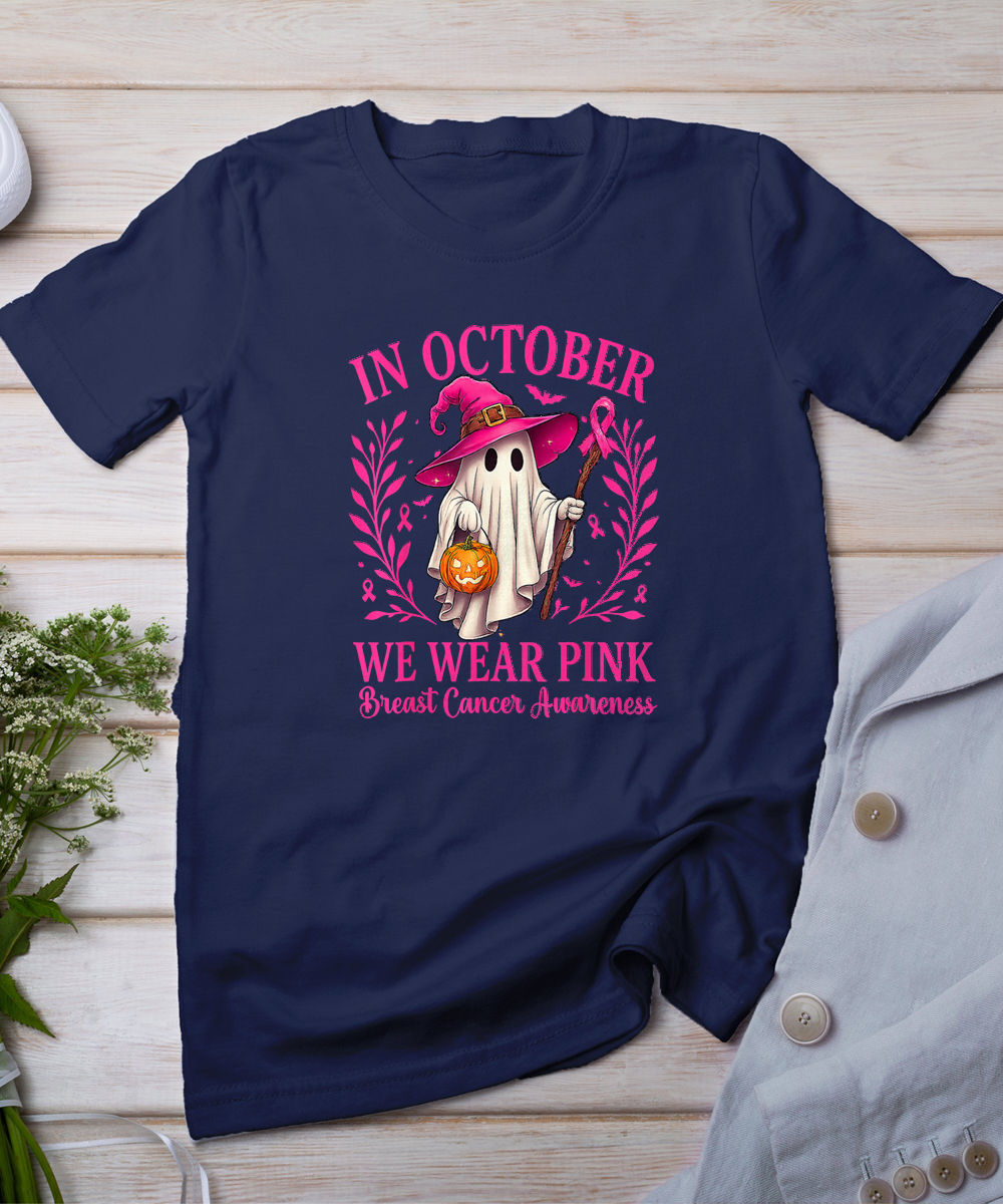 Breast Cancer Halloween in October We Wear Pink Ghost Witch T-Shirt