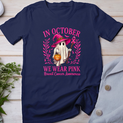 Breast Cancer Halloween in October We Wear Pink Ghost Witch T-Shirt