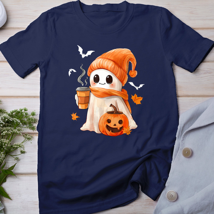 Cute Ghost Drinking Coffee Halloween Ghost Ice Coffee Womens T-Shirt