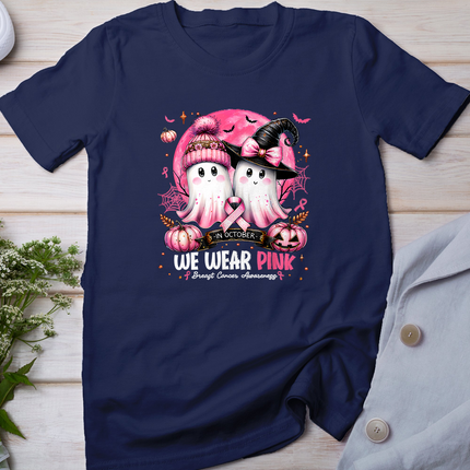 in October We Wear Pink Ghost Witch Breast Cancer Awareness T-Shirt