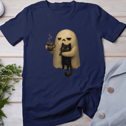 Spooky Ghost Holding Black Cat Coffee Lover Funny Halloween T-Shirt