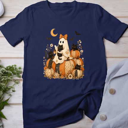 Cute Halloween Ghost Black Cat Pumpkin Patchwork Cat Mom T-Shirt