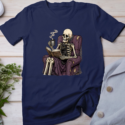 Skeleton Reading with Black Cat Funny Halloween Gothic T-Shirt