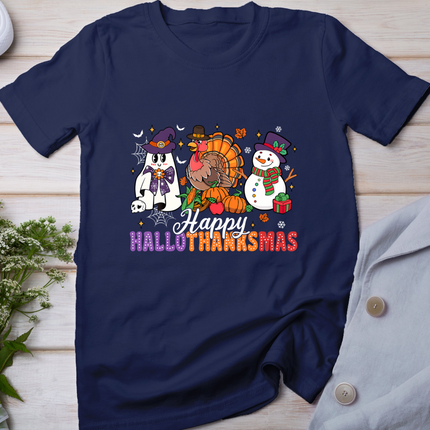 Halloween Thanksgiving Christmas Happy Hallothanksmas Kids T-Shirt