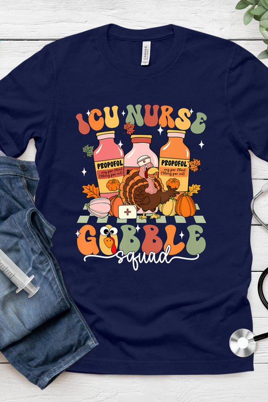 Thanksgiving Icu Nurse Gobble Squad Fall Scrub T-Shirt