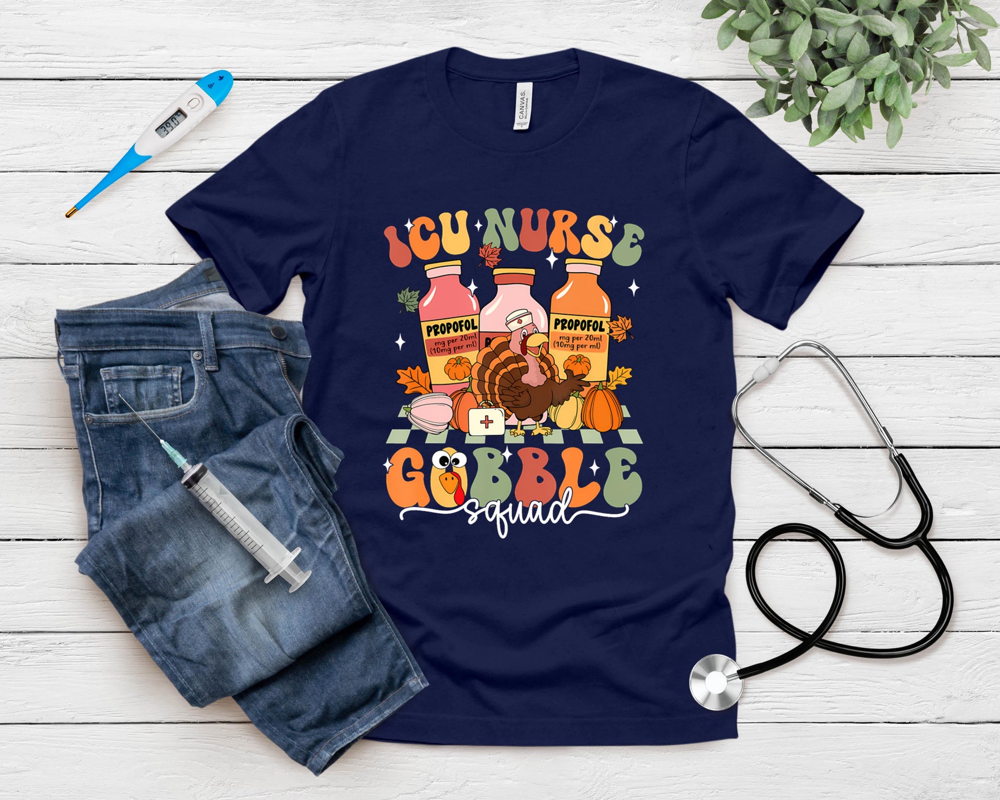 Thanksgiving Icu Nurse Gobble Squad Fall Scrub T-Shirt