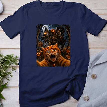 Funny Halloween Selfie Cat Horseman Pumpkins Moon Night T-Shirt
