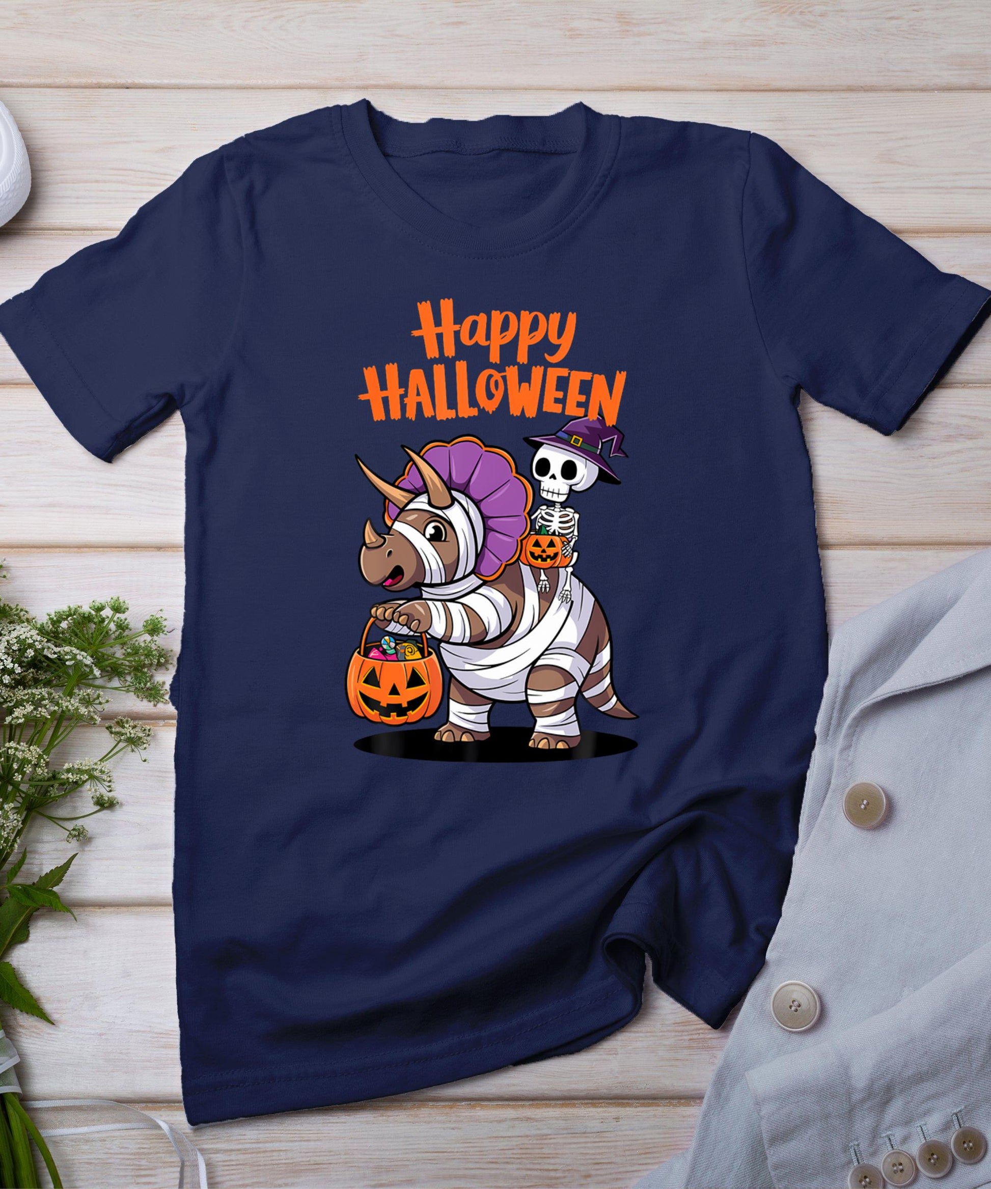 Cute Skeleton Riding Triceratops Happy Halloween Design T-Shirt