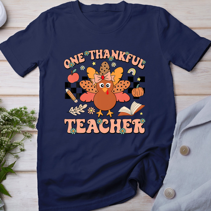 One Thankful Teacher Thanksgiving Retro Groovy Fall Teachers T-Shirt