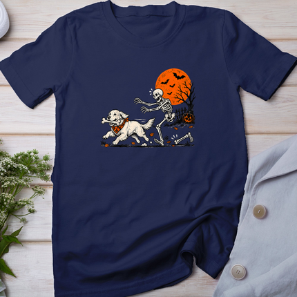 Golden Retriever Dog Stealing Bone from Skeleton Halloween T-Shirt