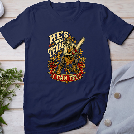 Hes from Texas I Can Tell Horror Skeleton Cowboy Halloween T-Shirt