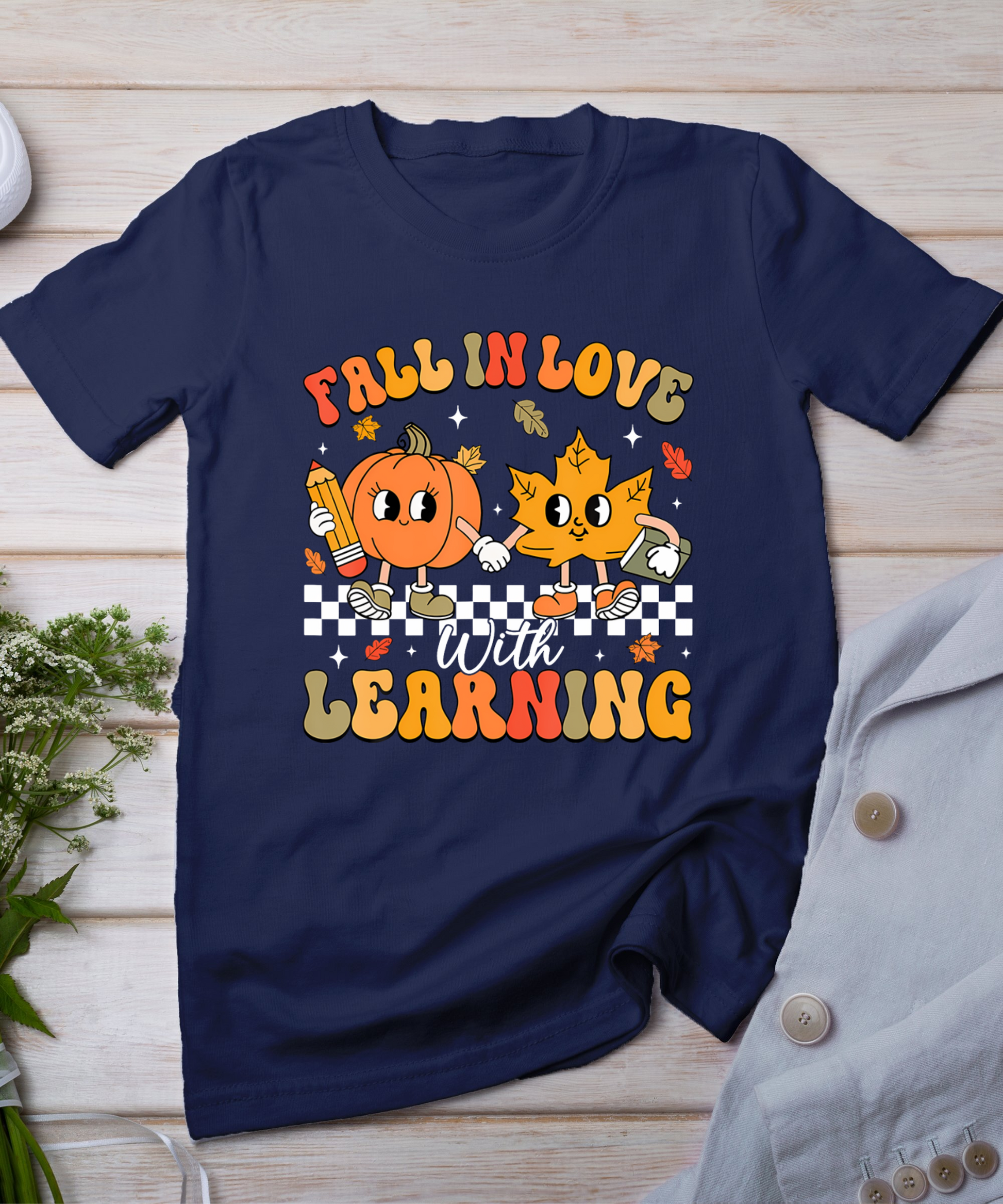 Retro Fall In Love With Learning Autumn Pumpkin Teacher T-Shirt