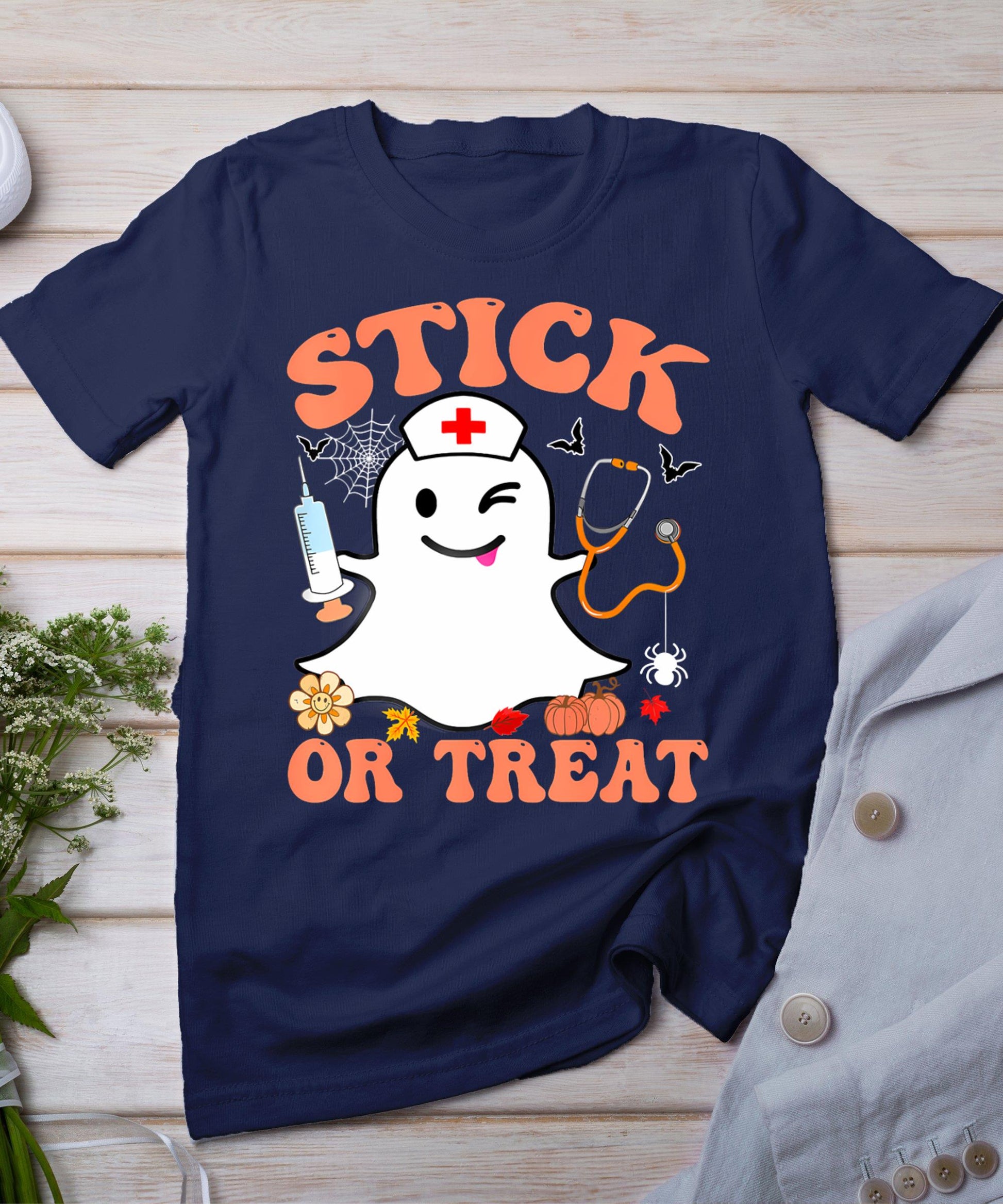 Stick Or Treat Nurse Funny Halloween Costume T-Shirt