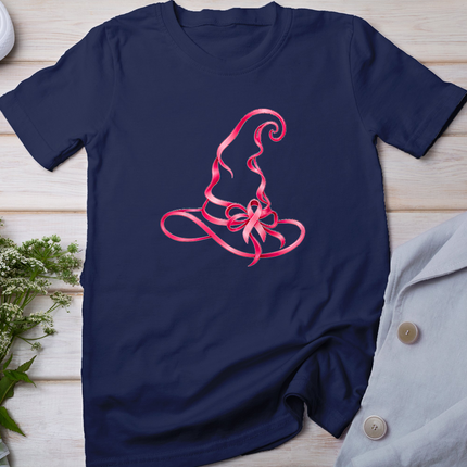 Pink Ribbon Witch Hat Breast Cancer Halloween Women T-Shirt