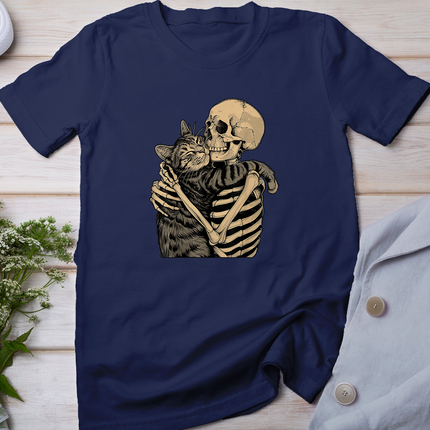 Skeleton Hugging Cat Halloween Cat Lover Cat Mom Dad T-Shirt