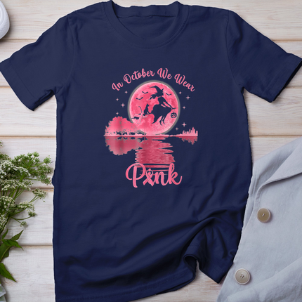 in October We Wear Pink Witch Breast Cancer Halloween T-Shirt