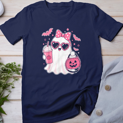 Pink Halloween Ghost Pumpkin Coffee Spooky Women Girls T-Shirt