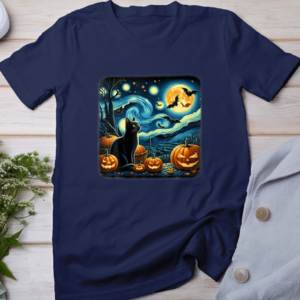Van Gogh Starry Night Black Cat Halloween Pumpkin Cat Lover T-Shirt