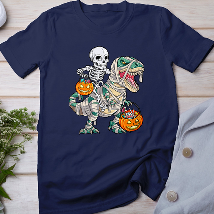 Skeleton Riding Mummy Dinosaur T Rex Halloween Funny Pumpkin T-Shirt