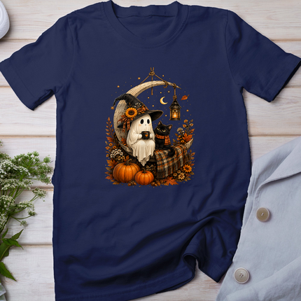 Vintage Halloween Ghost Holding Black Cat Groovy Floral T-Shirt