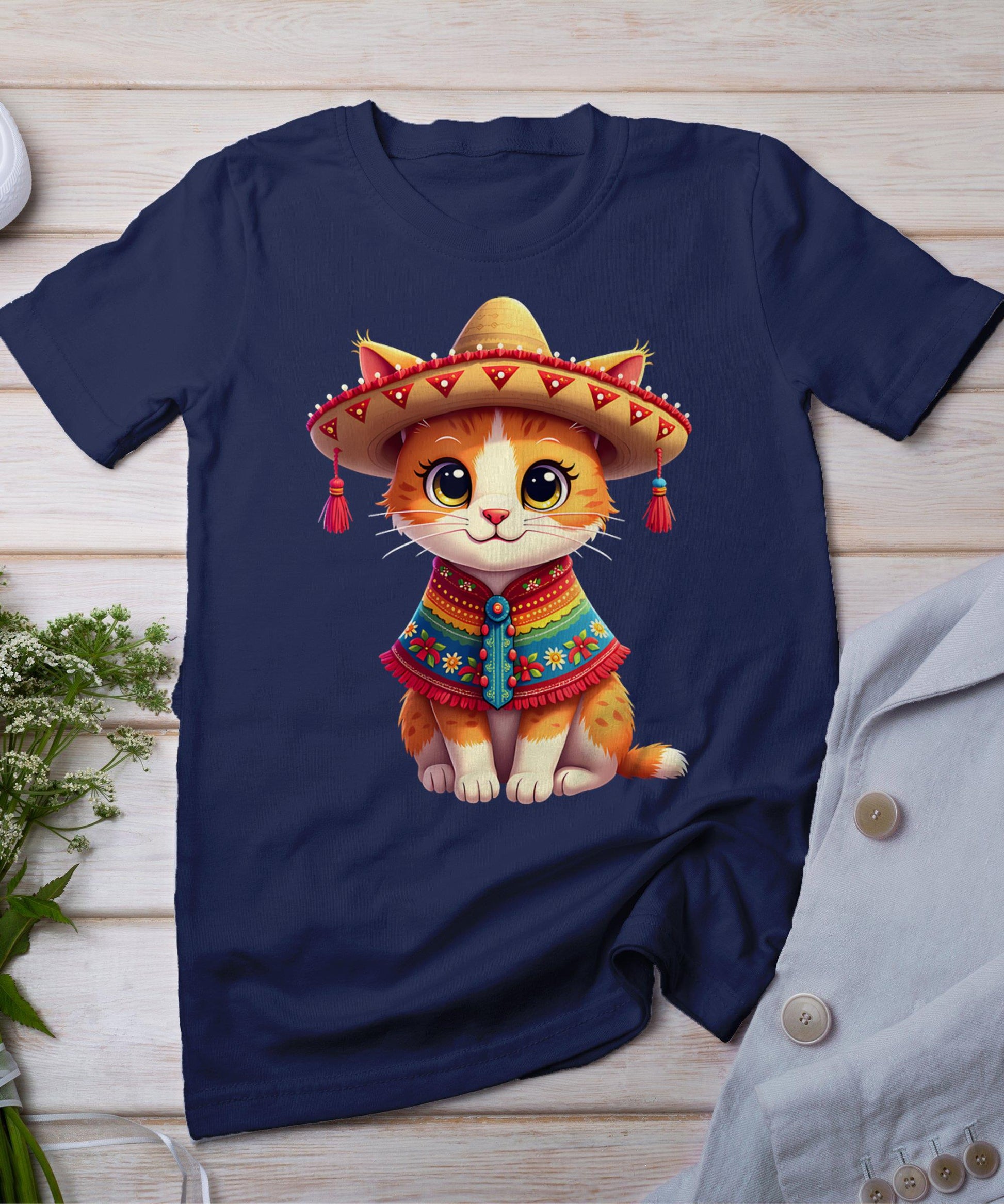 Cinco De Mayo Cute Mexican Cat Sombrero Poncho Cinco De Meow T-Shirt