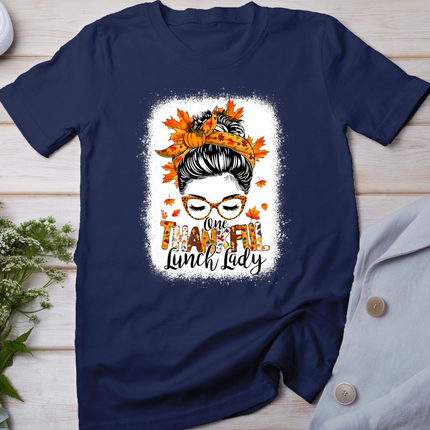 One Thankful Lunch Lady Messy Bun Thanksgiving Lunch Lady T-Shirt