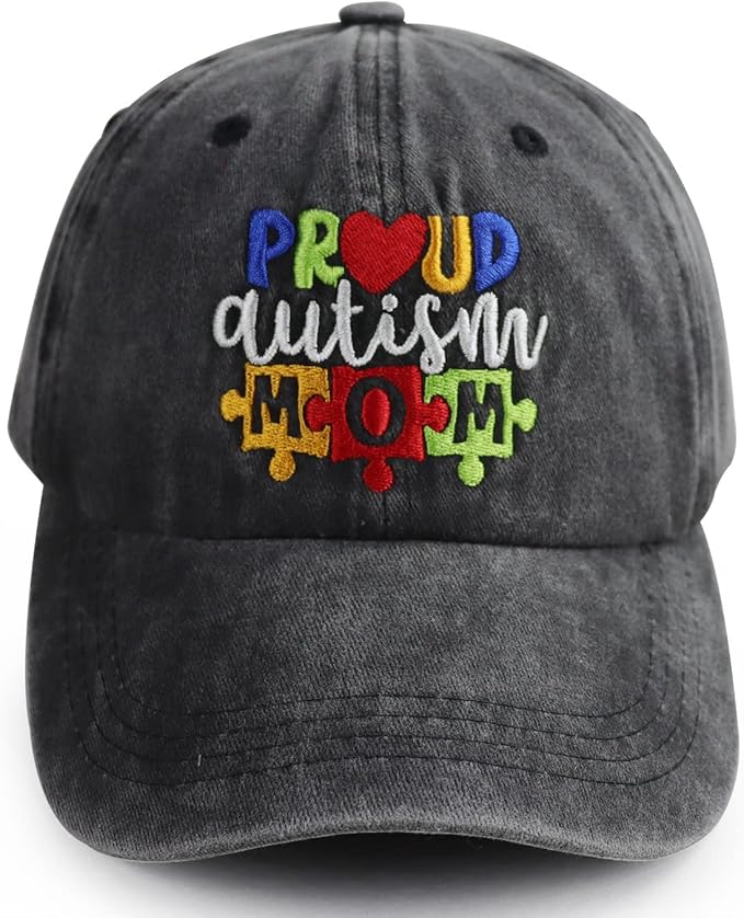 Proud Autism Mom Hat for Women, Adjustable Washed Cotton Embroidered Autistic Puzzle Piece Mama Baseball Cap