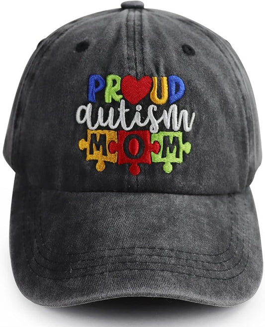 Proud Autism Mom Hat for Women, Adjustable Washed Cotton Embroidered Autistic Puzzle Piece Mama Baseball Cap