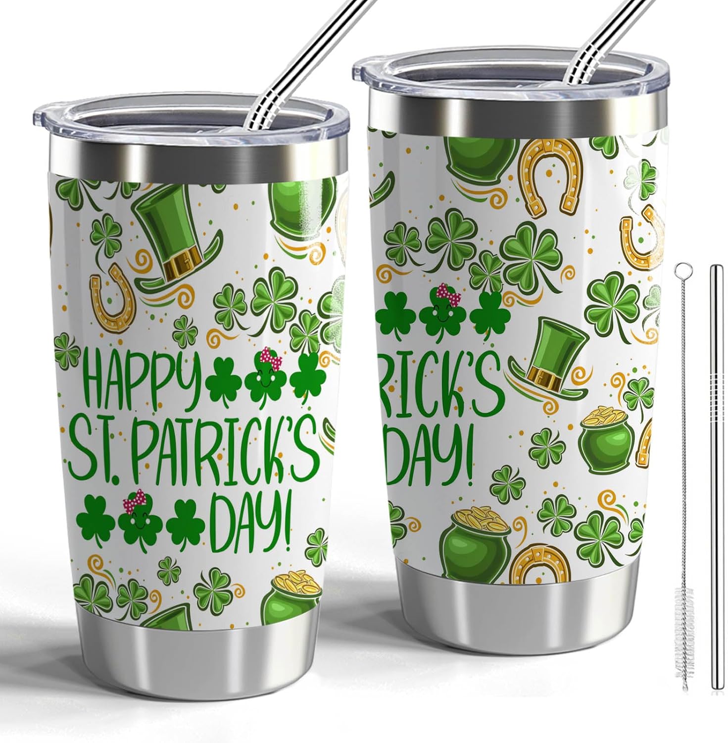 St Patrick’s Day Gift Irish Day Themed Party 20oz Tumbler with Lid and Straw Stainless Steel Insulated Tumbler Green Irish Shamrocks Tumbler