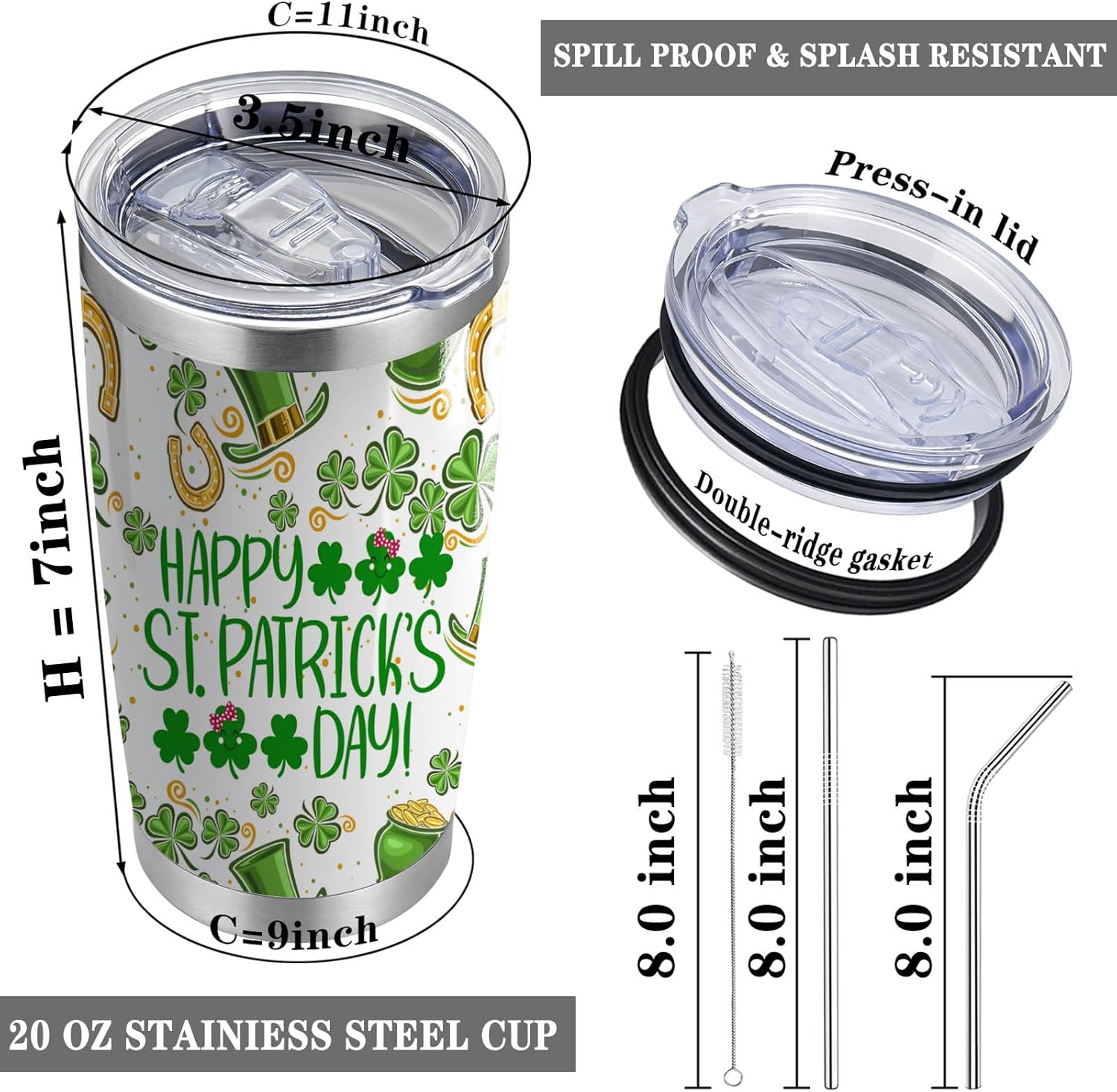 St Patrick’s Day Gift Irish Day Themed Party 20oz Tumbler with Lid and Straw Stainless Steel Insulated Tumbler Green Irish Shamrocks Tumbler