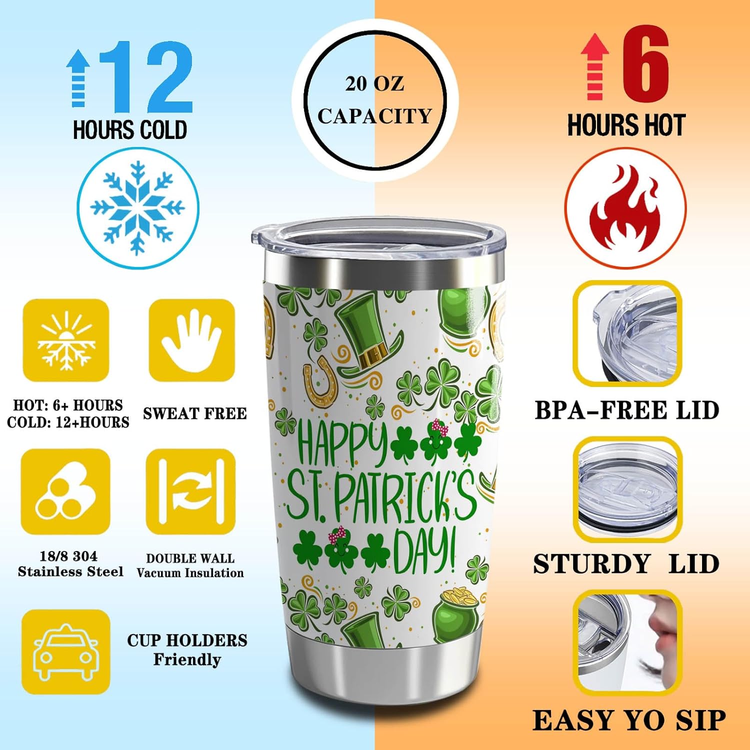 St Patrick’s Day Gift Irish Day Themed Party 20oz Tumbler with Lid and Straw Stainless Steel Insulated Tumbler Green Irish Shamrocks Tumbler