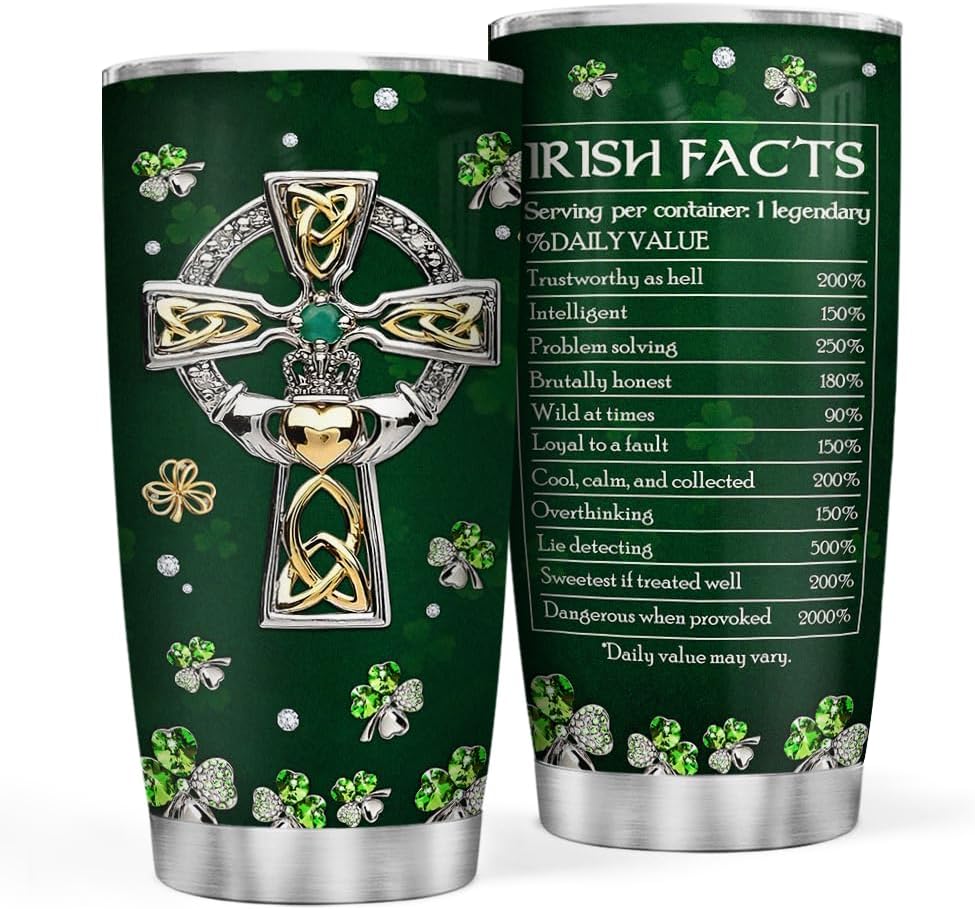 St Patricks Day Tumbler Jewelry Style Irish Fact Celtic Cross Stainless Steel Tumbler 20 Oz Cup with Lid Travel Mug Saint Paddy's Day Gifts for Irish Women Men Family Friends