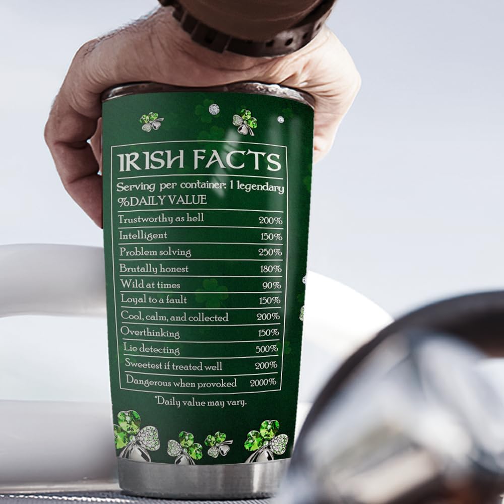 St Patricks Day Tumbler Jewelry Style Irish Fact Celtic Cross Stainless Steel Tumbler 20 Oz Cup with Lid Travel Mug Saint Paddy's Day Gifts for Irish Women Men Family Friends