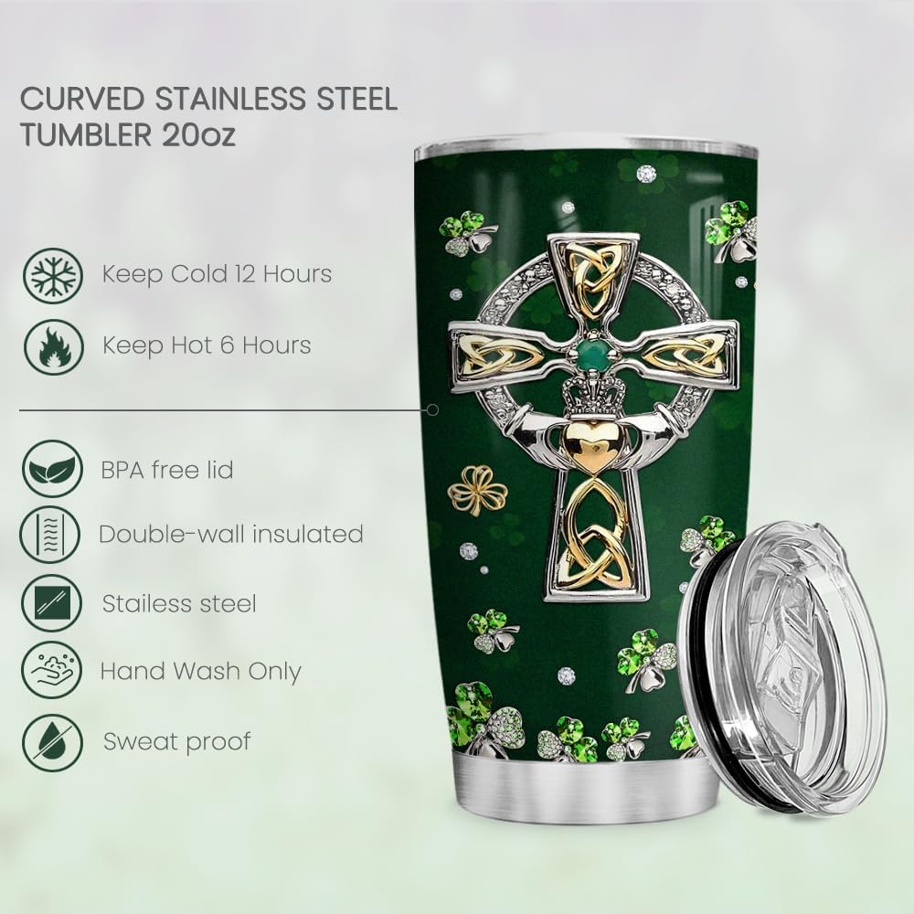 St Patricks Day Tumbler Jewelry Style Irish Fact Celtic Cross Stainless Steel Tumbler 20 Oz Cup with Lid Travel Mug Saint Paddy's Day Gifts for Irish Women Men Family Friends