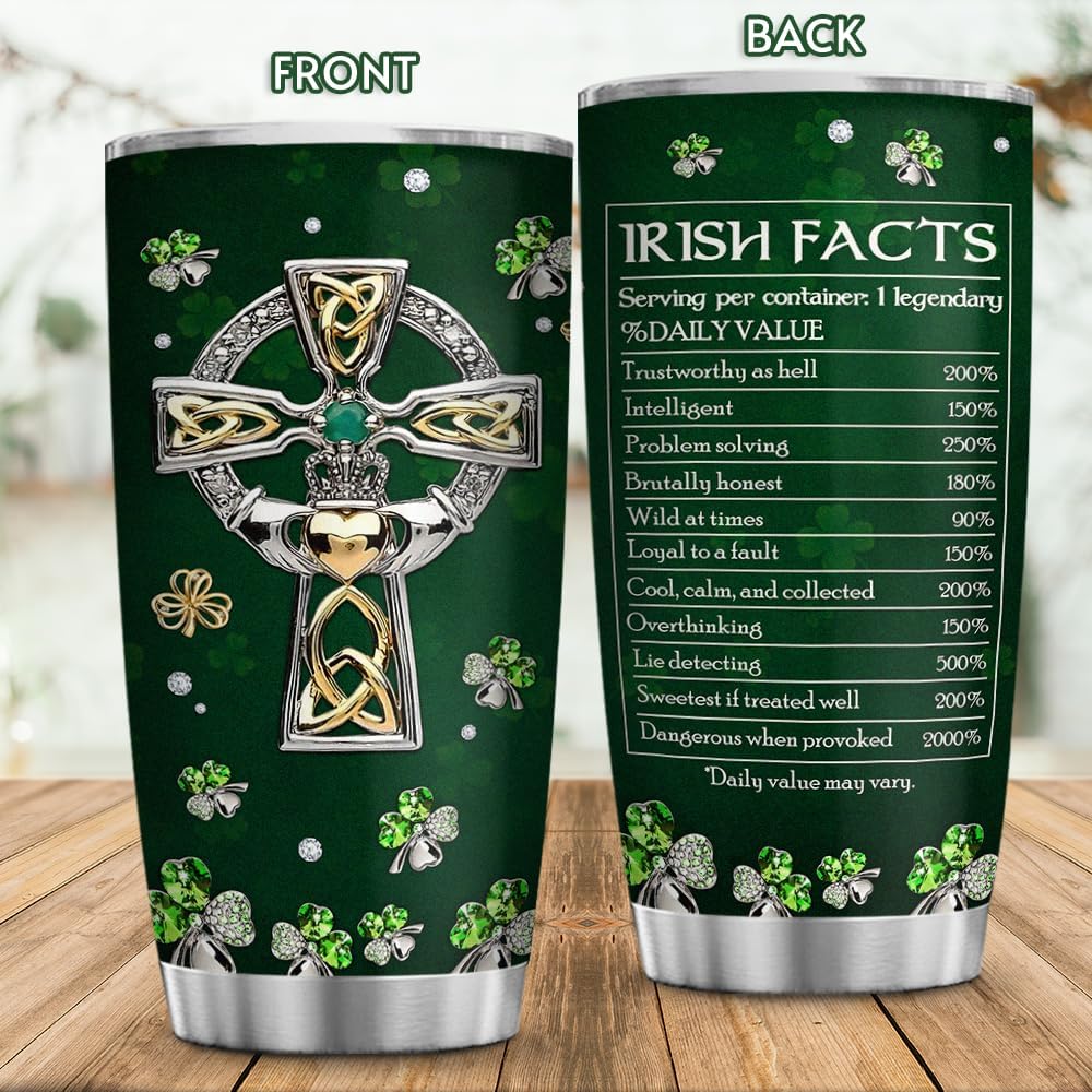 St Patricks Day Tumbler Jewelry Style Irish Fact Celtic Cross Stainless Steel Tumbler 20 Oz Cup with Lid Travel Mug Saint Paddy's Day Gifts for Irish Women Men Family Friends