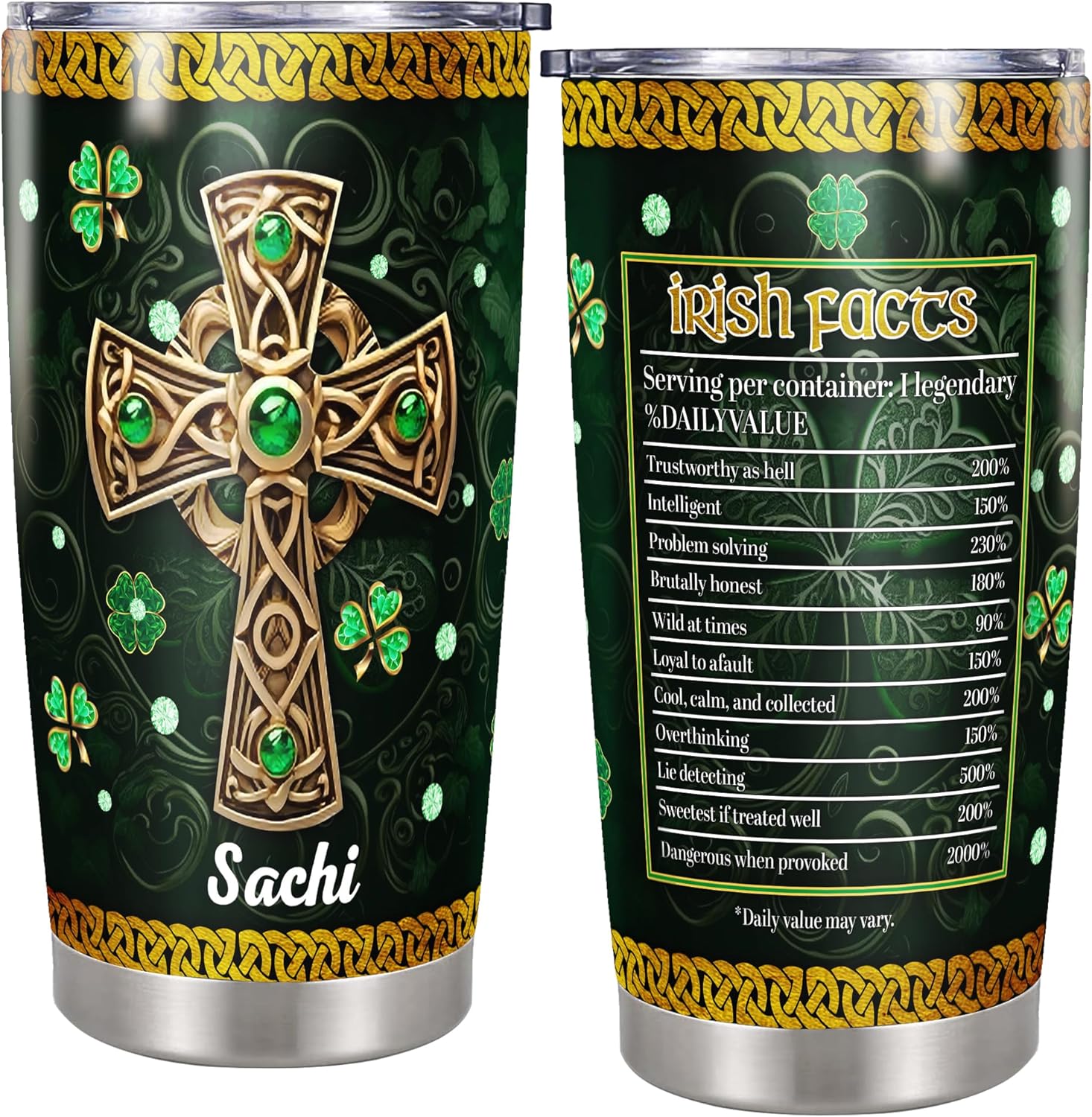 St Patricks Day Tumbler with Lid 20oz Stainless Steel Irish Fact Celtic Cross Insulated Cups Travel Coffee Mug Gifts for Women Christian Family Friends