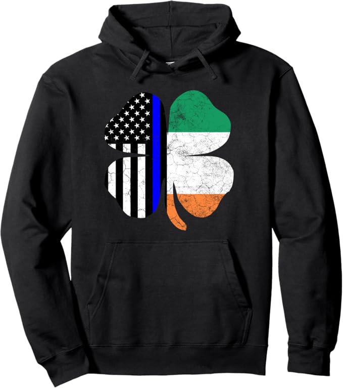 Thin Blue Line Flag Irish American St Patricks Day Hoodie Pullover Hoodie